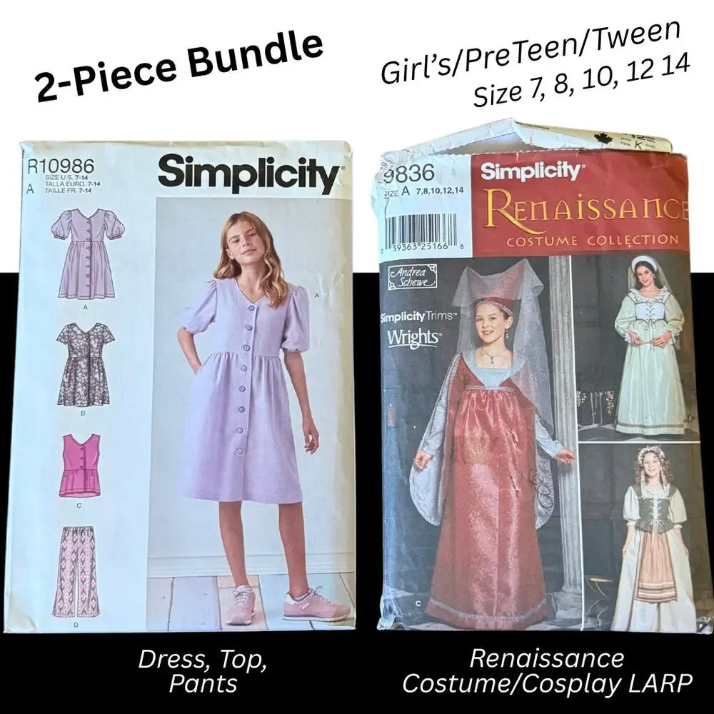 2-Piece Bundle Simplicity Girls Sz 7-14 Sewing Pattern Dress Costume Renaissance